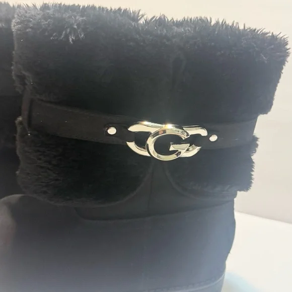 Guess Black Faux-Fur Ankle Winter Boots with Silver Logo Accent - Picture 2 of 5